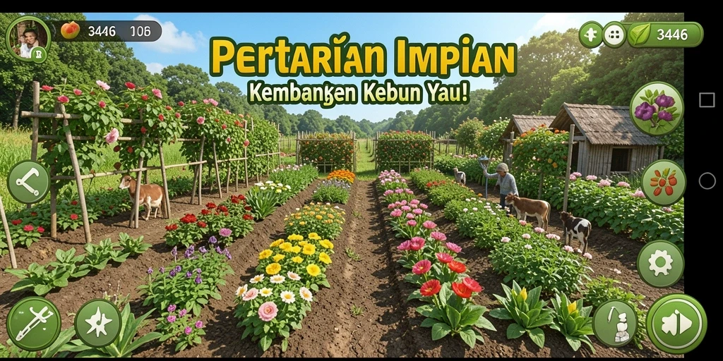 Tampilan screenshot 3446 menunjukkan kebun yang indah dengan berbagai tanaman.