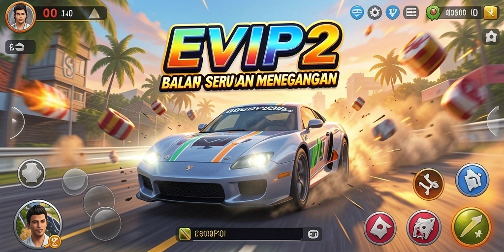 Screenshot EVIP2 menampilkan aksi balapan penuh kecepatan.