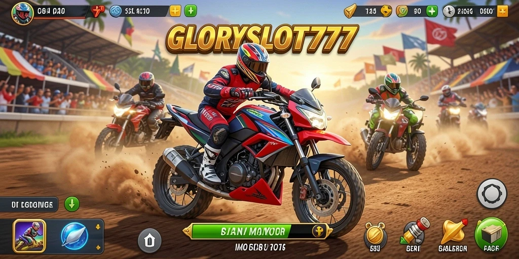 Gameplay GLORYSLOT777 menampilkan kecepatan tinggi dan aksi balapan motor yang seru.