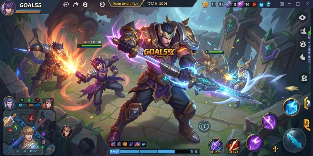 Screenshot gameplay GOAL55 yang menampilkan aksi pertarungan MOBA yang mendebarkan.