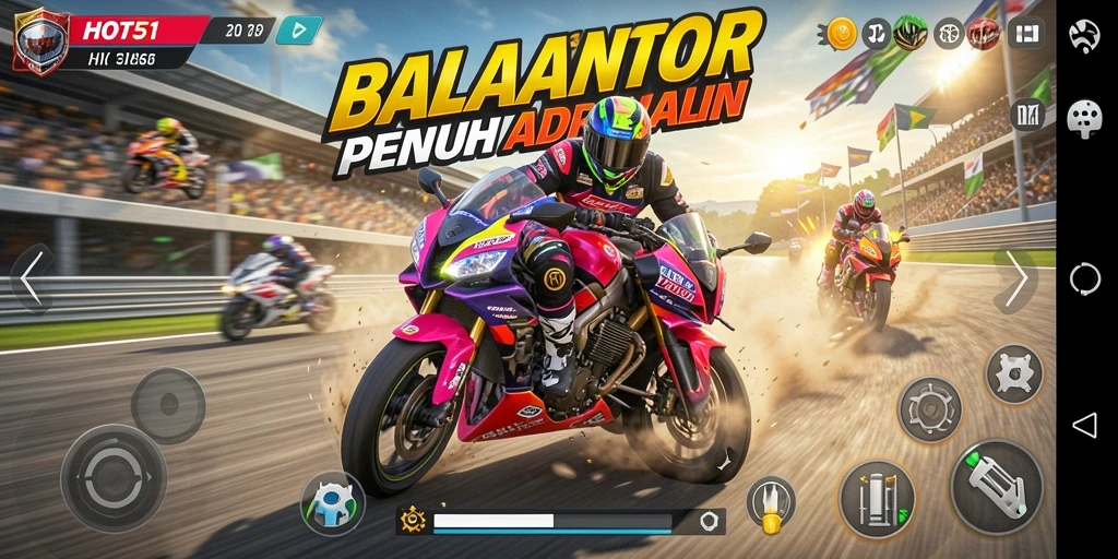 Screenshot menampilkan aksi balapan motor yang mendebarkan di HOT51.