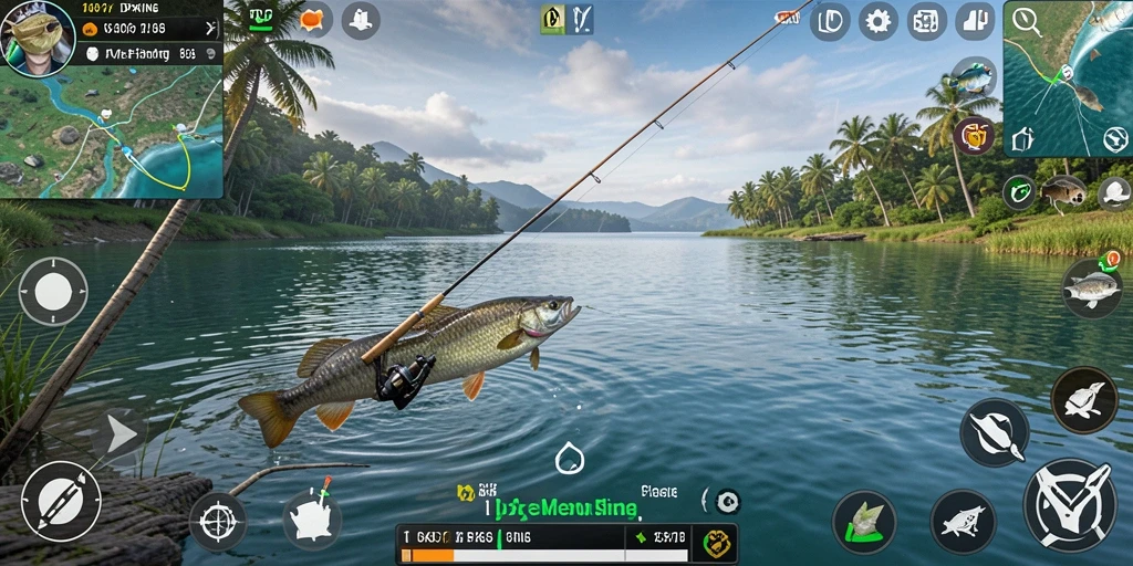 Tampilan gameplay yang menarik dalam IDPKING saat memancing di lokasi indah.
