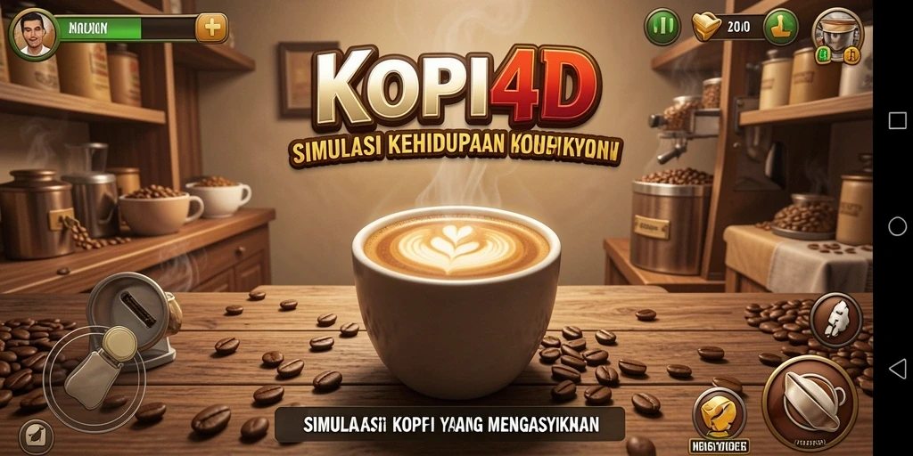 Tampilan gameplay KOPI4D dengan sajian kopi yang menarik.
