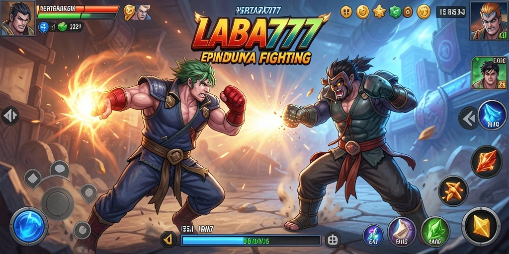 Tampilan gameplay LABA777 dengan pertarungan seru dan karakter unik.
