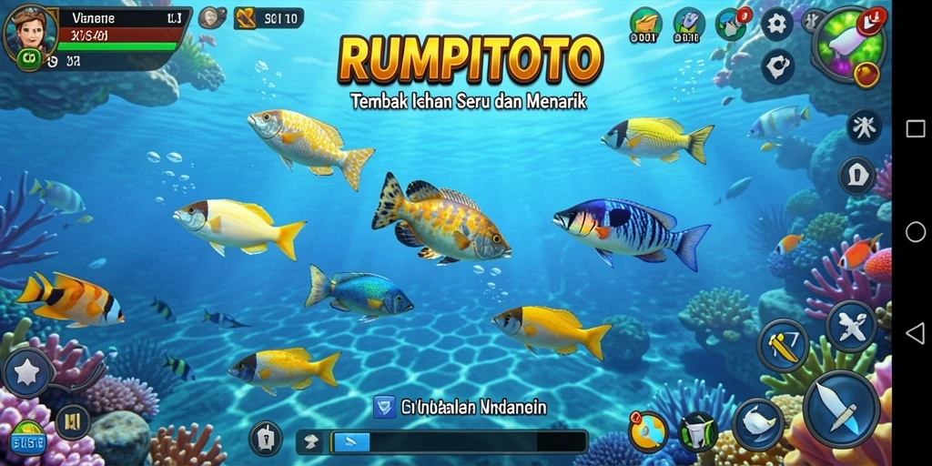 Tampilan gameplay RUMPITOTO dengan ikan berwarna-warni.