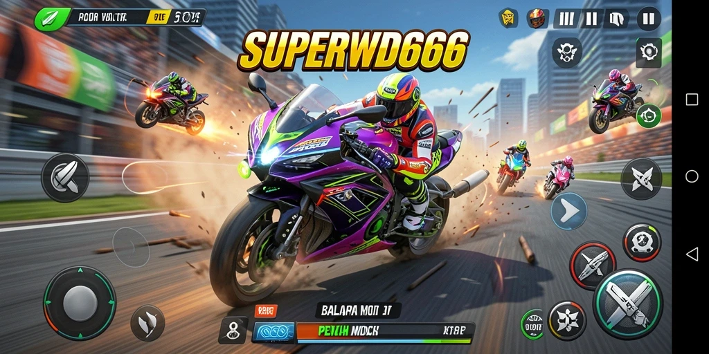 Tampilan gameplay SUPERWD666 yang mendebarkan dan penuh aksi balapan motor.